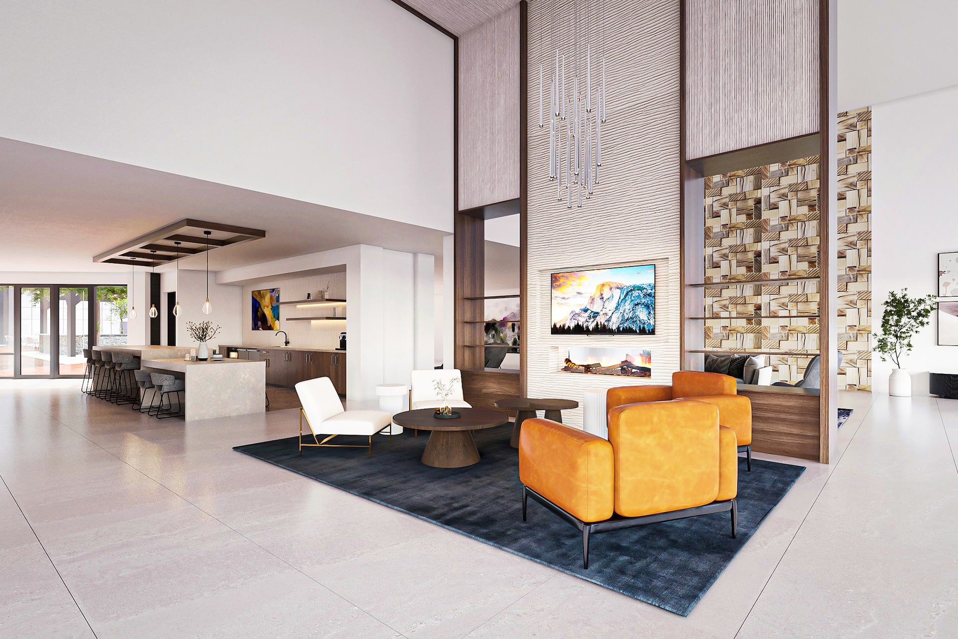 Rendering of two-story lobby in luxury apartment building
